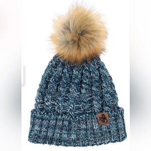 LEGENDARY WHITETAILS Cable Knit BEIGE Cap with Faux Fur Pom Pom (hat not blue)